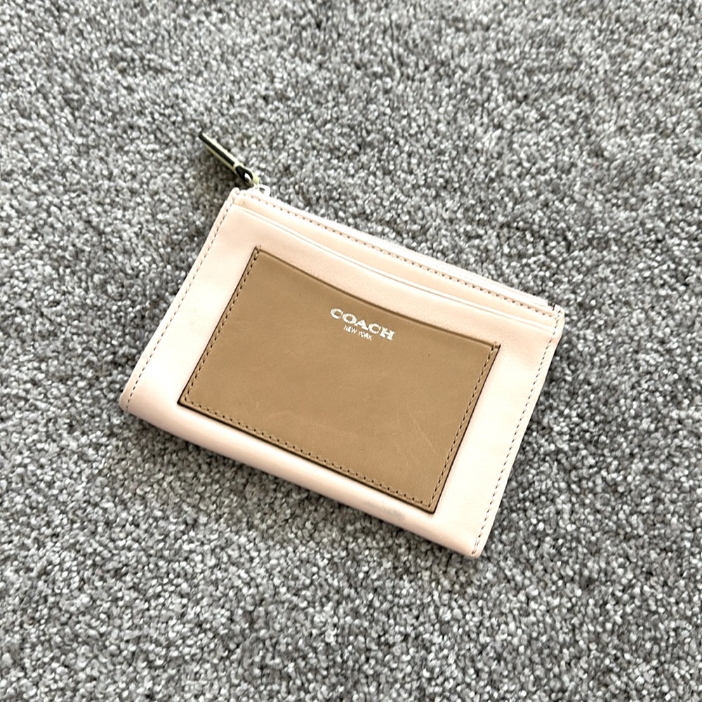 COACH blush pink brown leather zip pouch with card slots & key chain